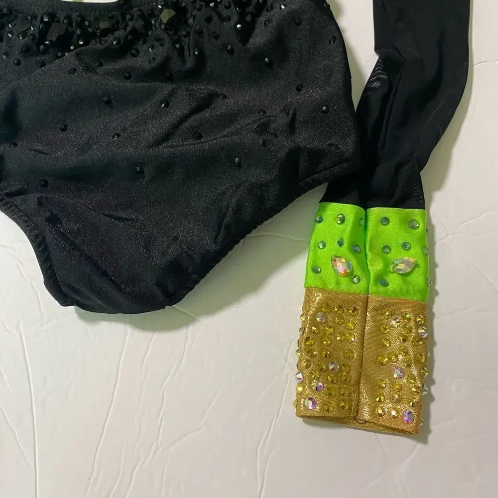 Glamour solo dance costume leotard Money green embellished rhinestone SC child